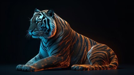 Neon glowing tiger animal isolated on dark background. Generative ai
