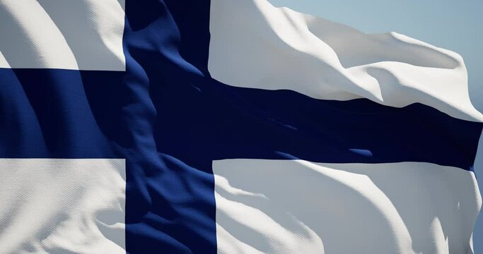 Close-up of the national flag of Finland flutters in the wind on a sunny day , 4k slow motion