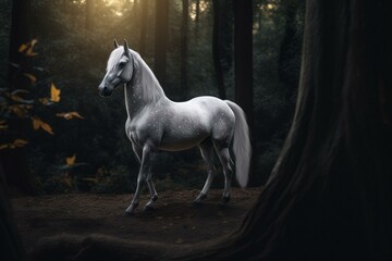 Naklejka na ściany i meble A majestic unicorn stands in a dark forest. Generative AI