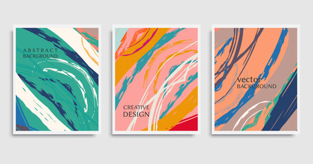 Abstract backgrounds set. Modern geometric and grunge texture, hand drawn brush strokes and doodle elements. Minimalistic design for poster, banner, cover, flyer, invitation. Trendy brochure templates