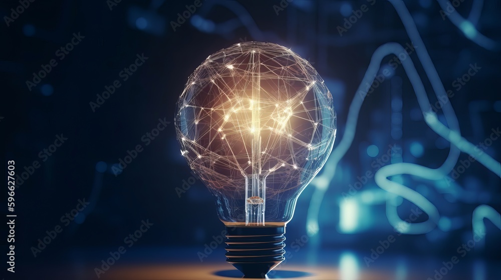 Aufkleber A determined businessman holds a glowing lightbulb, symbolizing his bright ideas and innovative solutions. Surrounding him are symbols of learning and knowledge. Generative ai