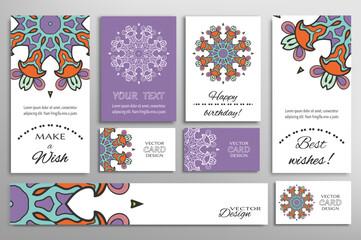 Big set of greeting Cards or wedding Invitations. Postcards template with inscription Make a Wish, Best Wishes, Happy Birthday. Banner, business cards with mandala ornament. Isolated design elements