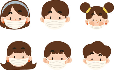 set of faces. Illustration of a girl wearing a face mask. Vector illustration. Set off People