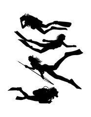 scuba diving and snorkeling male and female divers pose silhouette