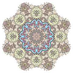 Mandala flower decoration, hand drawn round ornament, isolated design element on a white background. Vector geometric floral pattern. Tribal ethnic fashion motif for paper, textile, cloth fabric print