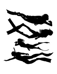 scuba diving and snorkeling male and female divers pose silhouette