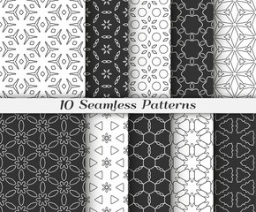Seamless pattern set in arabic style. Stylish black and white graphic, geometric linear background. Line art texture for wallpaper, card, invitation, banner, fabric print. Ethnic ornament