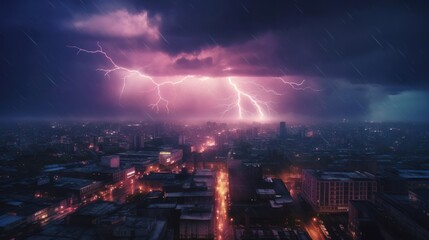Naklejka na ściany i meble Flashing Lights in a Rainy City Night with Striking Lightning. Generative ai