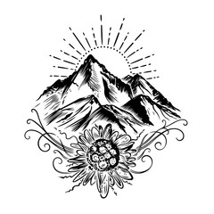 Wandern Berge Edelweiss. Vektor Zeichnung mit Bergen, Sonne und Edelweiß.  - 596628437