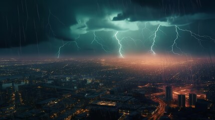 Flashing Lights in a Rainy City Night with Striking Lightning. Generative ai