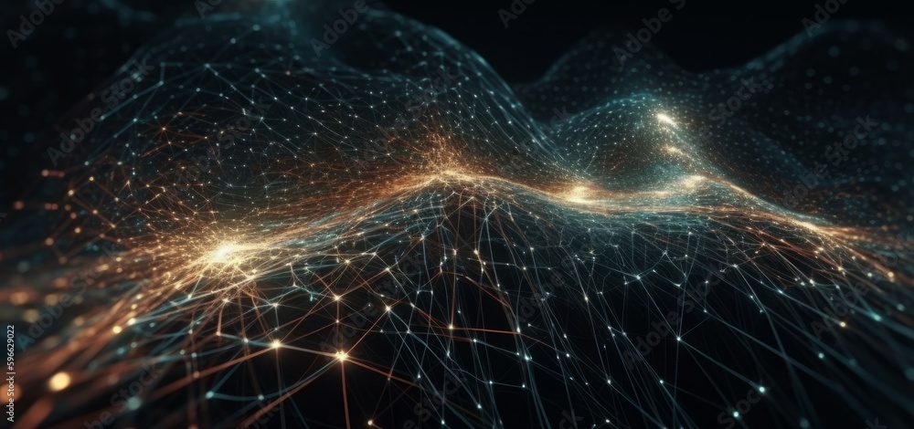 Poster Digital dynamic cyber wave. Abstract futuristic blue background with dots and lines. Big data visualization. 3D rendering. Generative ai