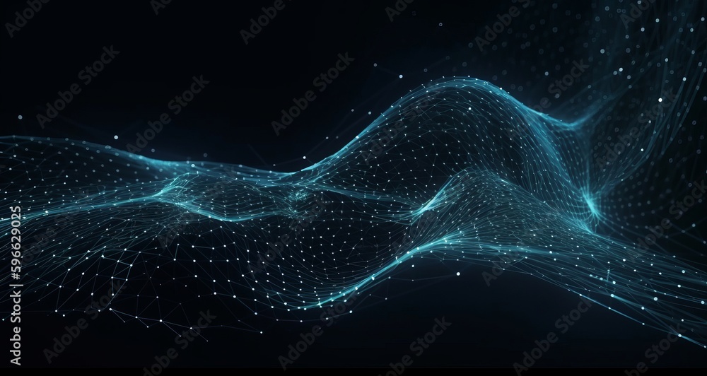 Aufkleber Digital dynamic cyber wave. Abstract futuristic blue background with dots and lines. Big data visualization. Generative ai