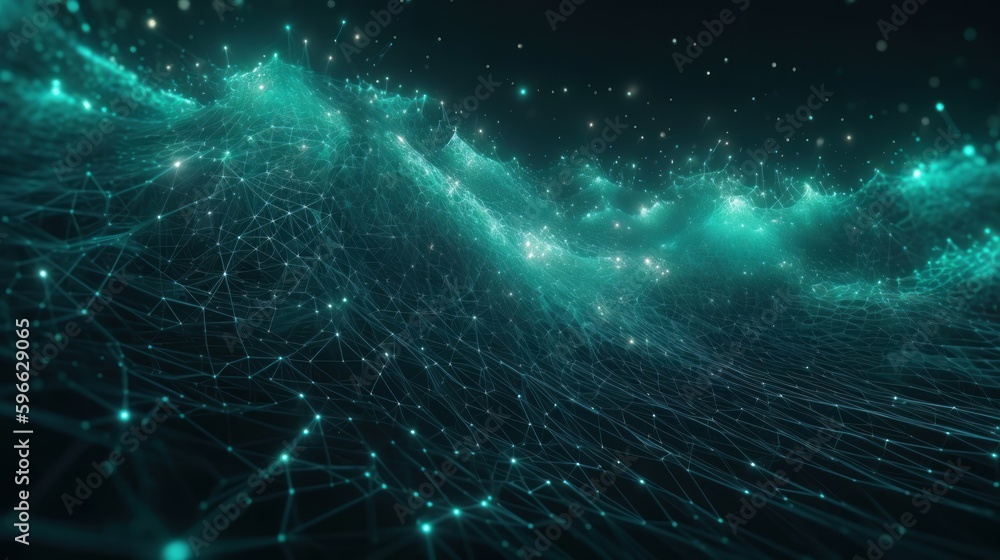 Poster Digital dynamic cyber wave. Abstract futuristic blue background with dots and lines. Big data visualization. 3D rendering. Generative ai