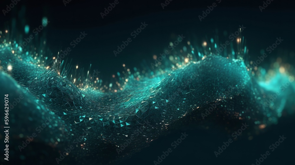 Aufkleber Digital dynamic cyber wave. Abstract futuristic blue background with dots and lines. Big data visualization. 3D rendering. Generative ai