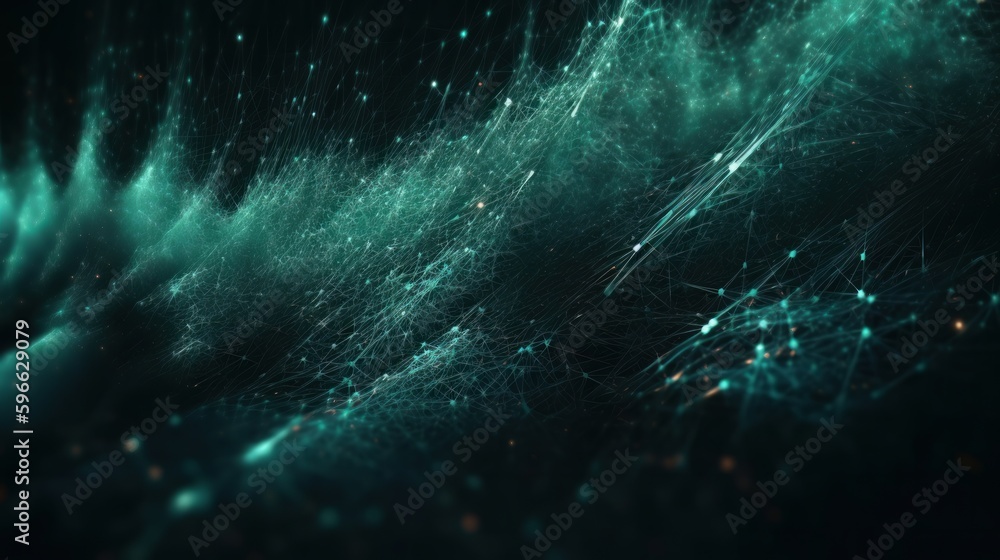 Fototapete Digital dynamic cyber wave. Abstract futuristic blue background with dots and lines. Big data visualization. 3D rendering. Generative ai