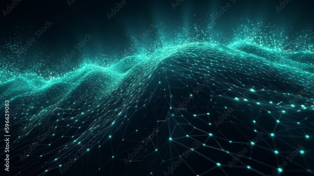 Fototapete Digital dynamic cyber wave. Abstract futuristic blue background with dots and lines. Big data visualization. 3D rendering. Generative ai
