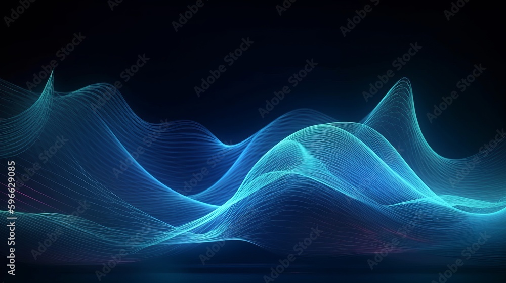 Poster Digital dynamic cyber wave. Abstract futuristic blue background with dots and lines. Big data visualization. 3D rendering. Generative ai
