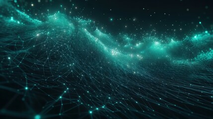 Digital dynamic cyber wave. Abstract futuristic blue background with dots and lines. Big data visualization. 3D rendering. Generative ai