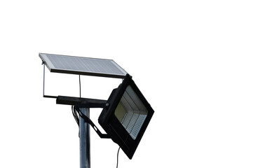 Mini photovoltaic or solar cell panel and hd floodlight isolated on white background with clipping paths.