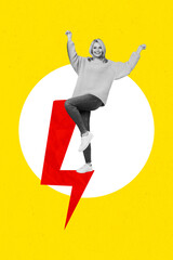 Photo banner collage of strong successful woman superhero thunderstorm fists up no gender...
