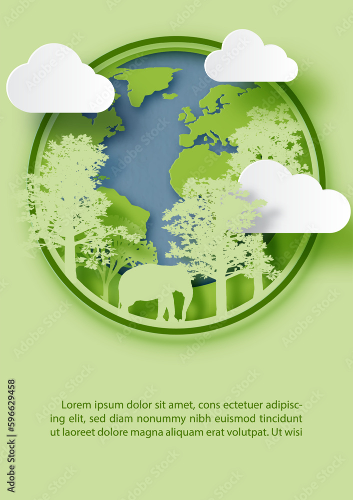 Poster elephant and trees on the earth in paper cut style with example texts on green background.