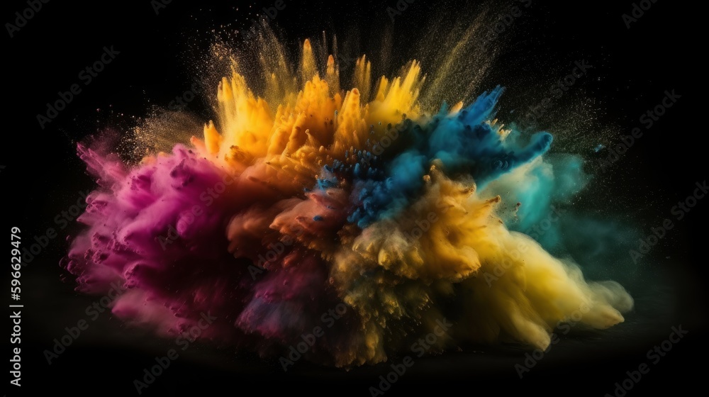 Poster colored powder explosion. copy space. generative ai