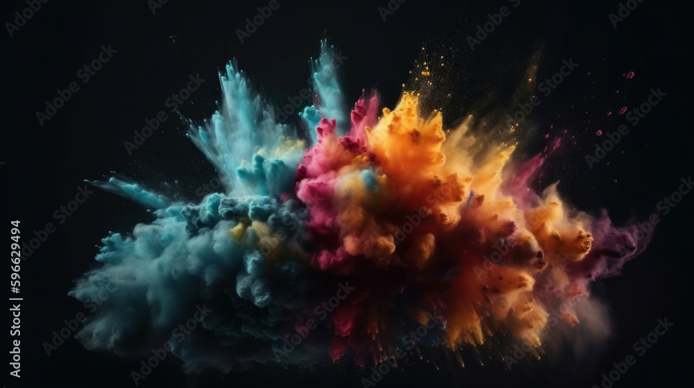 Poster colored powder explosion. copy space. generative ai