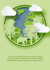 Elephant and trees on the earth in paper cut style with example texts on green background.