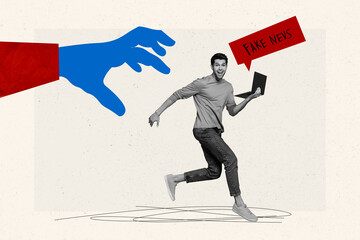 Funny young guy collage artwork illustration running away catch politics hand stop producing laptop...