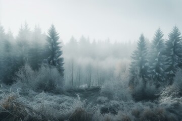 Misty blue watercolor of forest hill. Evergreen trees tower in a frozen taiga. Wild, foggy nature. Horizontal background. Generative AI