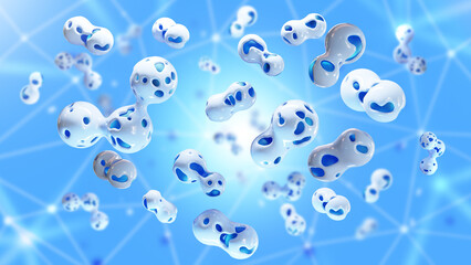 Microbiome of body. Probiotic background. Lactobacillus for immunity. Probiotics on blue. Cells of bifidobacteria. Scientific texture. Medical probiotics. Microbiome decoration. 3d image