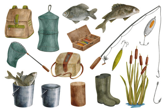Watercolor fishing equipment set. Hand drawn fishing rod, bait, lure, net, bucket with fish, creel, backpack and reed isolated on white background. Angling hobby supplies. Catching fish, camping