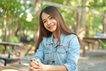 happy smiling woman in coffee cafe