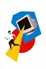 Collage 3d pinup pop retro sketch image of shocked guy running away fake news influence isolated painting background