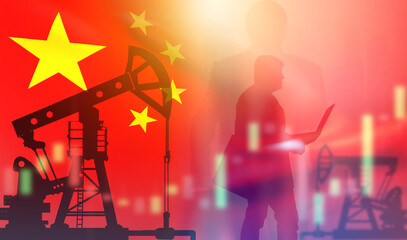 Oil industry in China. Export of petroleum products to PRC. Investor silhouette. Trading petroleum futures. Chinese oil industry. Fuel import to China. Crude oil production in China. 3d image