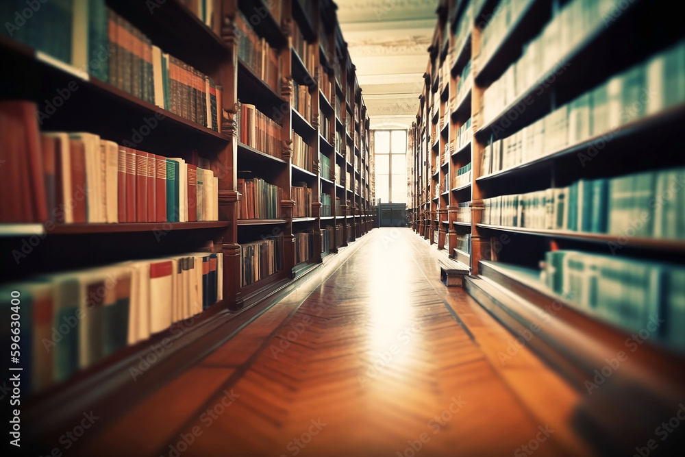 Poster vintage library with rows of books on the shelves, educational background for studying and knowledge