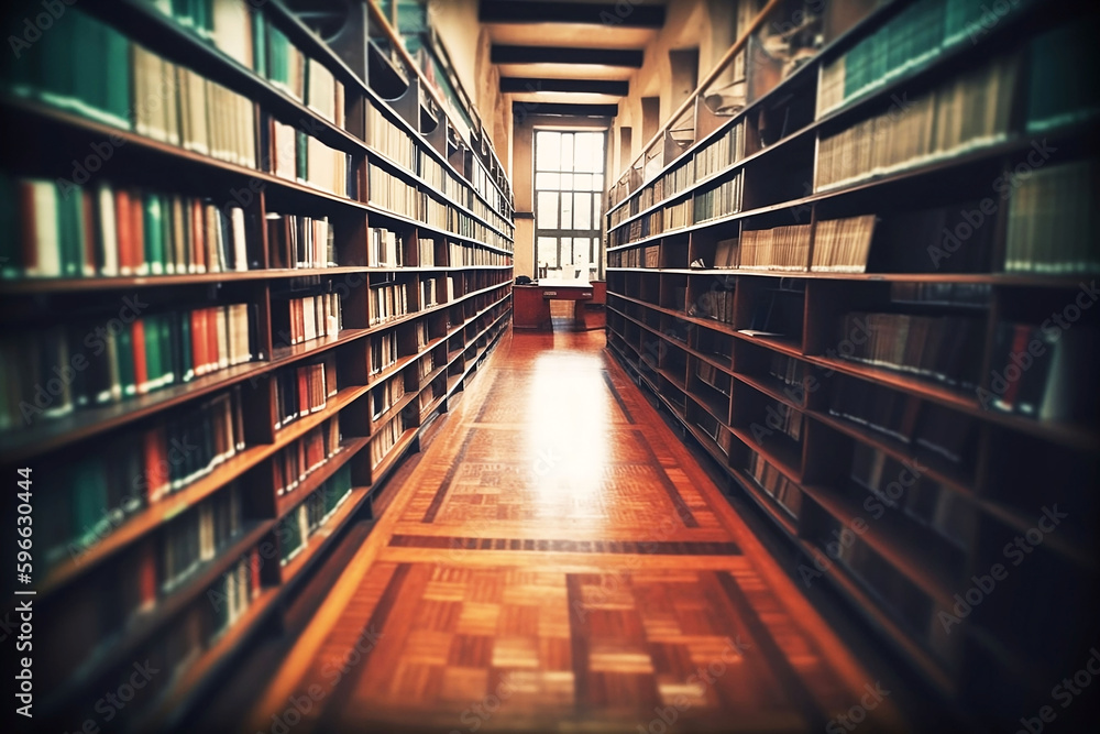 Aufkleber vintage library with rows of books on the shelves, educational background for studying and knowledge