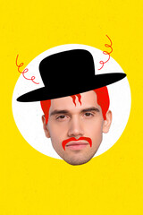 Photo collage artwork minimal picture of cool serious latino guy wear cowboy head isolated yellow color background