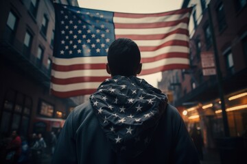 Obraz premium Man saluting us flag. Generate Ai