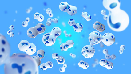 Fototapeta na wymiar Microbiological background. Blue scientific backdrop. Probiotic cells. Microbiological decorations. Molecules beneficial microorganisms. Study microbiology concept. Bifidobacteria on blue. 3d image