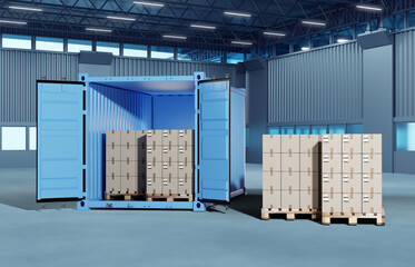 Cargo container with boxes. Sea transport container. Hangar for cargo storage. Shipping container is open. Cardboard boxes on pallets. Transport business. Building with parcels. 3d image