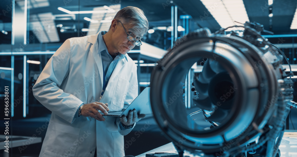 Leinwandbilder middle aged industrial turbine specialist in glasses standing at a table with an innovative inventio
