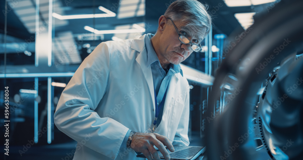 Poster adult chief engineer using laptop computer, analyzing and researching how a futuristic turbofan moto