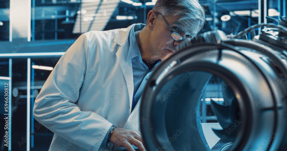 Aufkleber Industrial Research and Development Specialist Working on a Prototype Turbine Engine. Middle Aged Man Examining a Rotating Fun Up Close in the Combustion Chamber. Portrait of Engineer in Glasses
