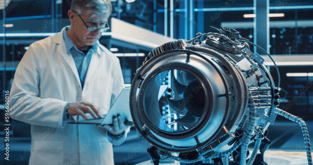 Aufkleber adult scientist in glasses inspecting a rotating fan on an advanced turbine engine. research and dev