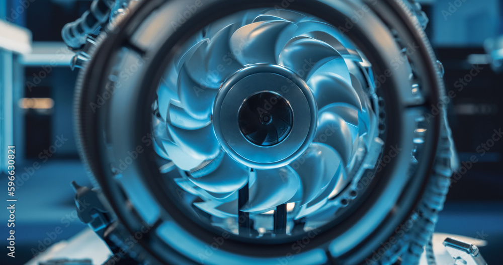 Aufkleber Close Up Photo From the Inside of a Combustion Chamber of an Advanced Futuristic Turbine Engine with a Rotating Fan. Modern Industrial Jet Engine in Research and Development Facility