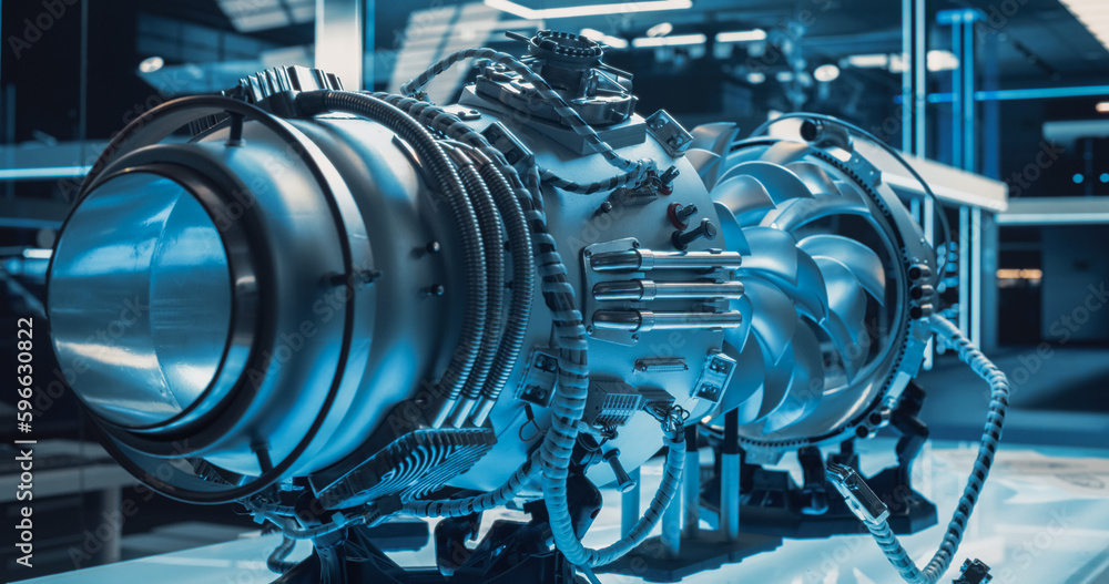 Fototapete Advanced Futuristic Turbine Engine with Multiple Fans, Wires, Connectors. Jet Engine with Stylish Contemporary Design in Technological Silver Color. Project in Development in Research Laboratory