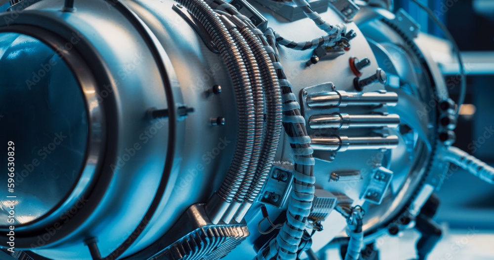 Poster Advanced Futuristic Turbine Engine with Multiple Fans, Wires, Connectors. Jet Engine with Stylish Contemporary Design in Technological Silver Color. Project in Development in Research Laboratory