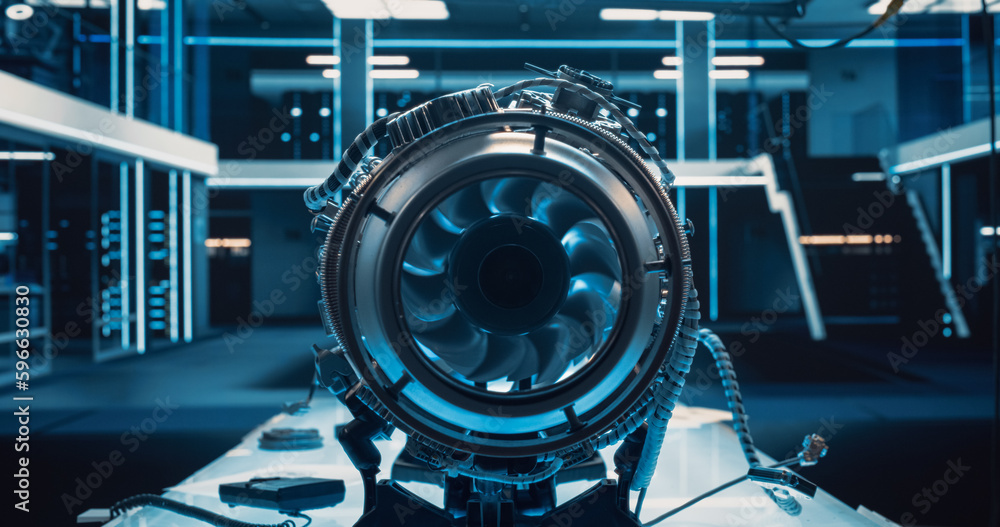 Leinwandbilder Advanced Futuristic Turbine Engine with a Moving Fan. Modern Industrial Jet Engine in Research and Development Facility. Zoom In Close Up on a Turbofan Engine
