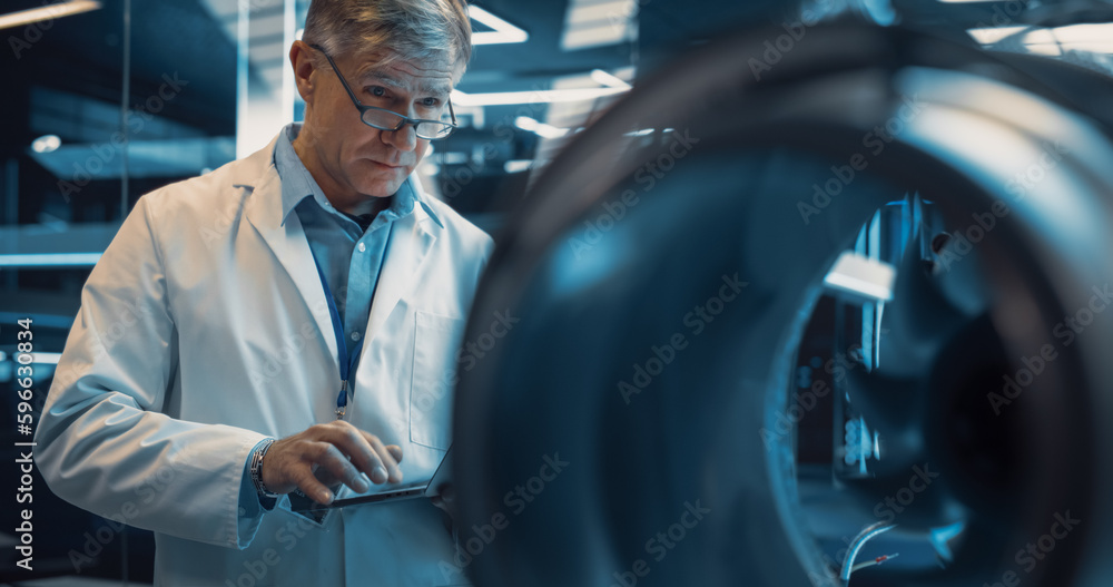 Aufkleber middle aged industrial engineer working on a futuristic jet engine, standing with laptop computer in